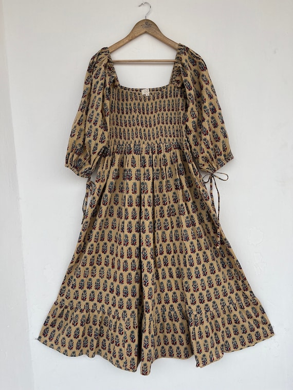 Beige Maxi Dress | Shirred Maxi Dress | Boho Long Maxi | Block Print Dresses  - Etsy Israel