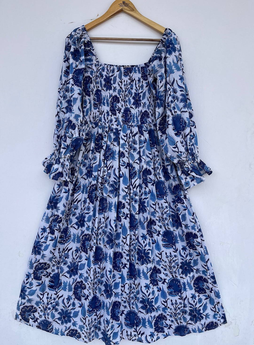 blue-yellow floral block printed women's maxi dress main image 1