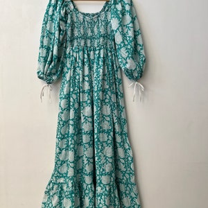 Sage Green Floral Hand Block Printed Cotton Maxi Dress – Indian Boho Tiered Puff Sleeve Dress