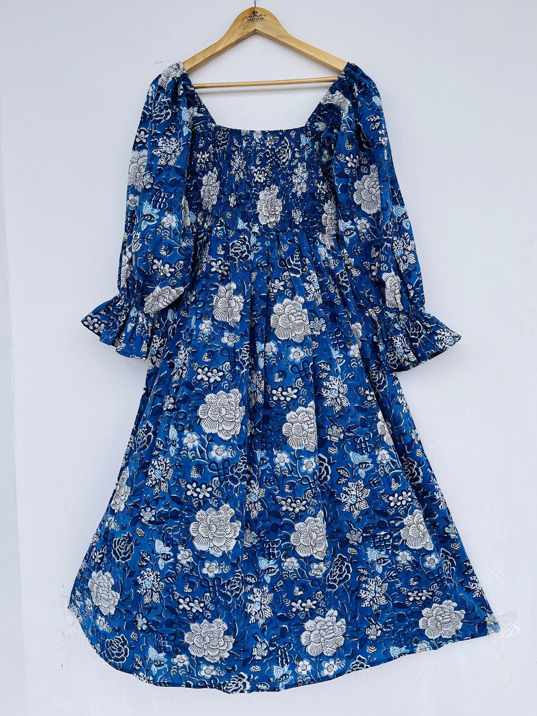 blue-yellow floral block printed women's maxi dress