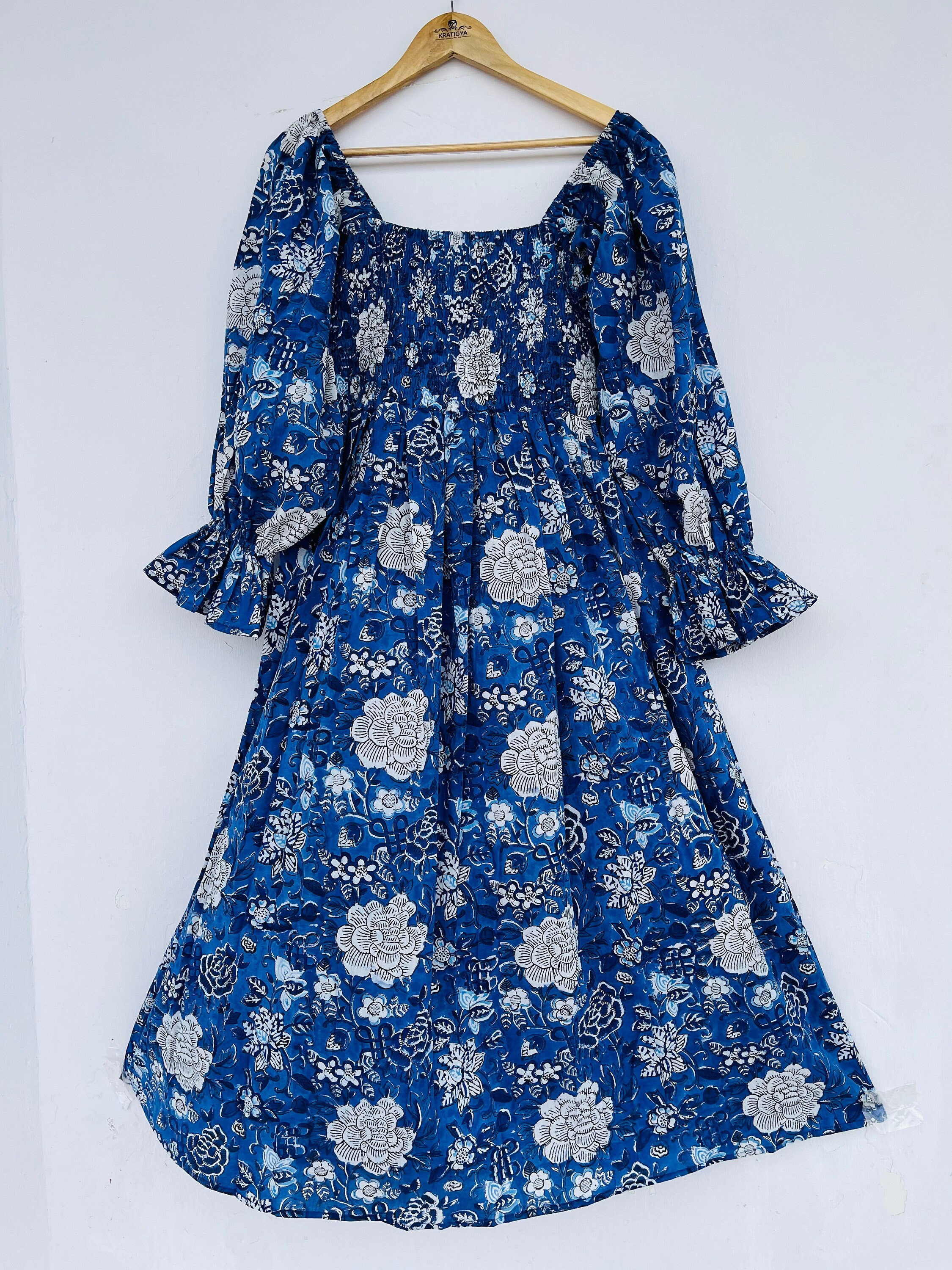 Cream Blue Floral Hand Block Print Cotton Maxi Dress – Boho Tiered Summer Style