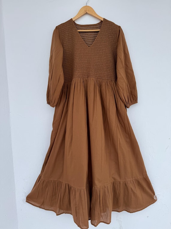Brown plain Cotton Maxi Dress: Smocked Bohemian Gown