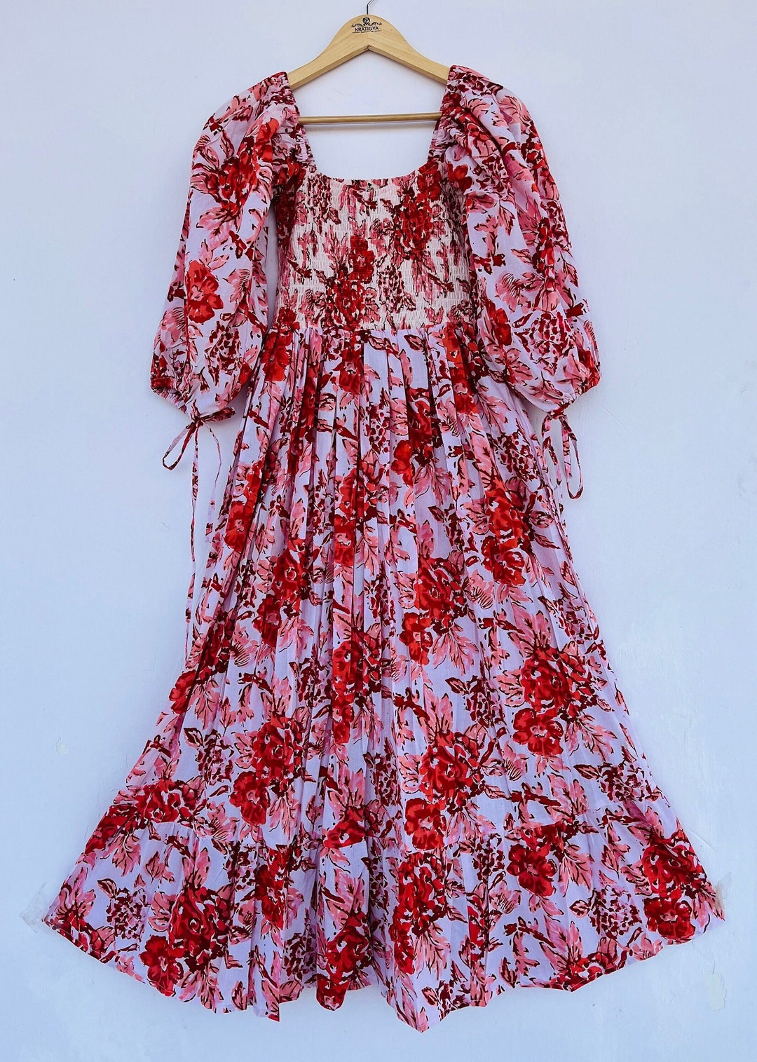 Grey Pink Floral Hand Block Printed Cotton Maxi Dress – Tiered Boho Women’s Dress
