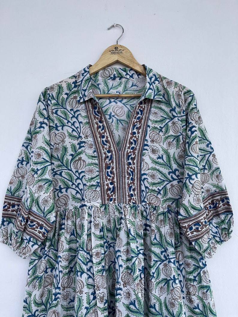 Cream Floral Hand Block Print Cotton Maxi Dress – Boho Tiered Dress with Ruffle Neck