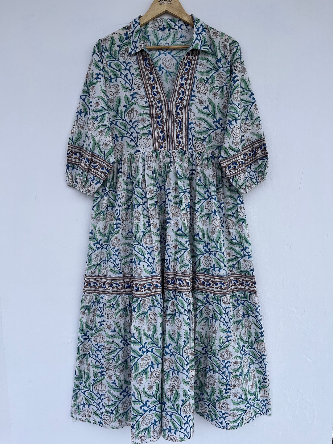 cotton rouge floral hand block printed bohemian maxi dress - frill collar long dress main image 0
