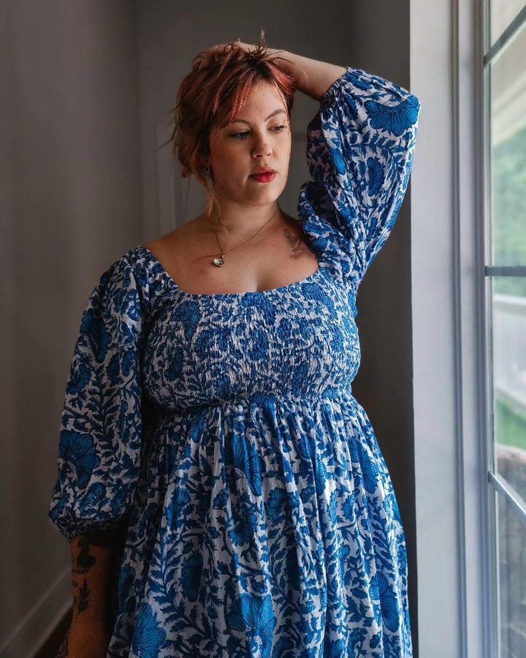 Hand block printed blue floral smocked long maxi, customisation available, dress with pockets