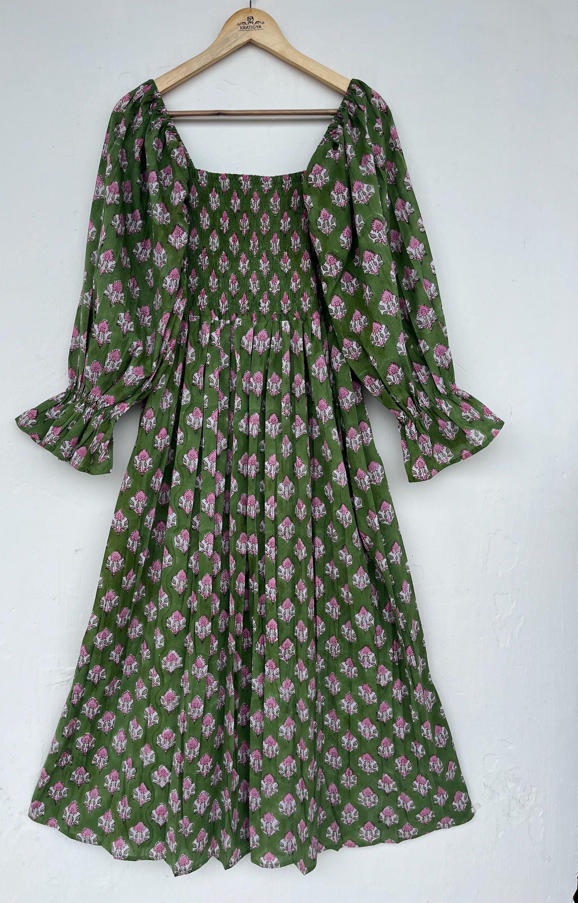 Hand block printed dress - green and pink floral long dress - smocked dress - unique sleeves style long dress