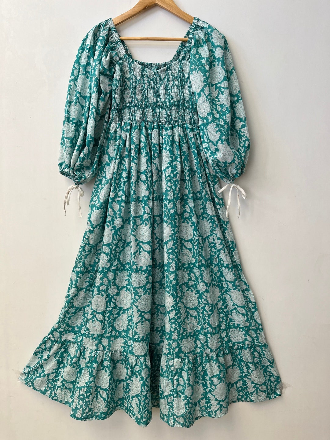 Aqua Rust Motif Hand Block Printed Cotton Maxi Dress – Boho Tiered Indian Long Dress