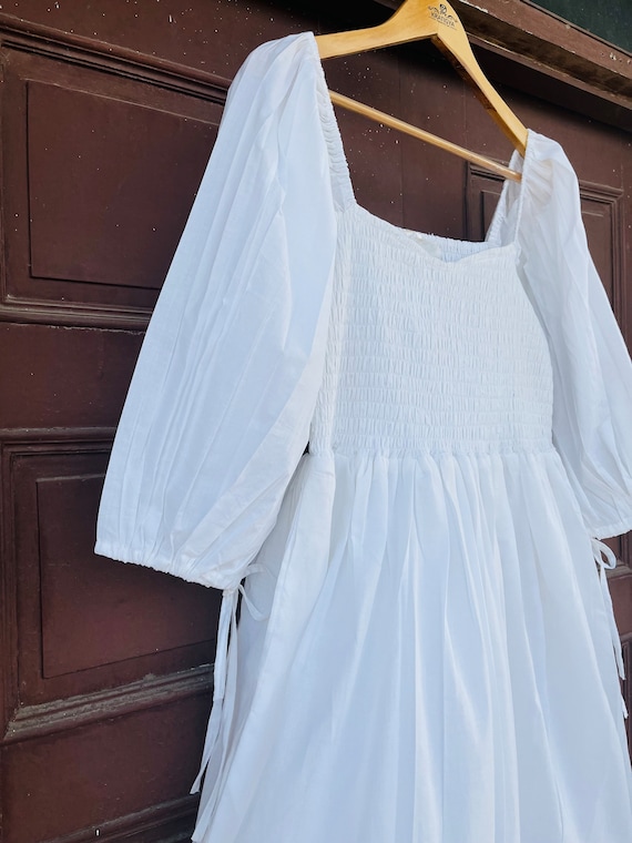 cotton shirred maxi dress boohoo Women's Cotton Poplin Shirred Bodice Puff Sleeve Maxi Dress in White | Size: 12