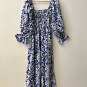 Blue printed maxi hand block print dress smocked maxi dress image 6