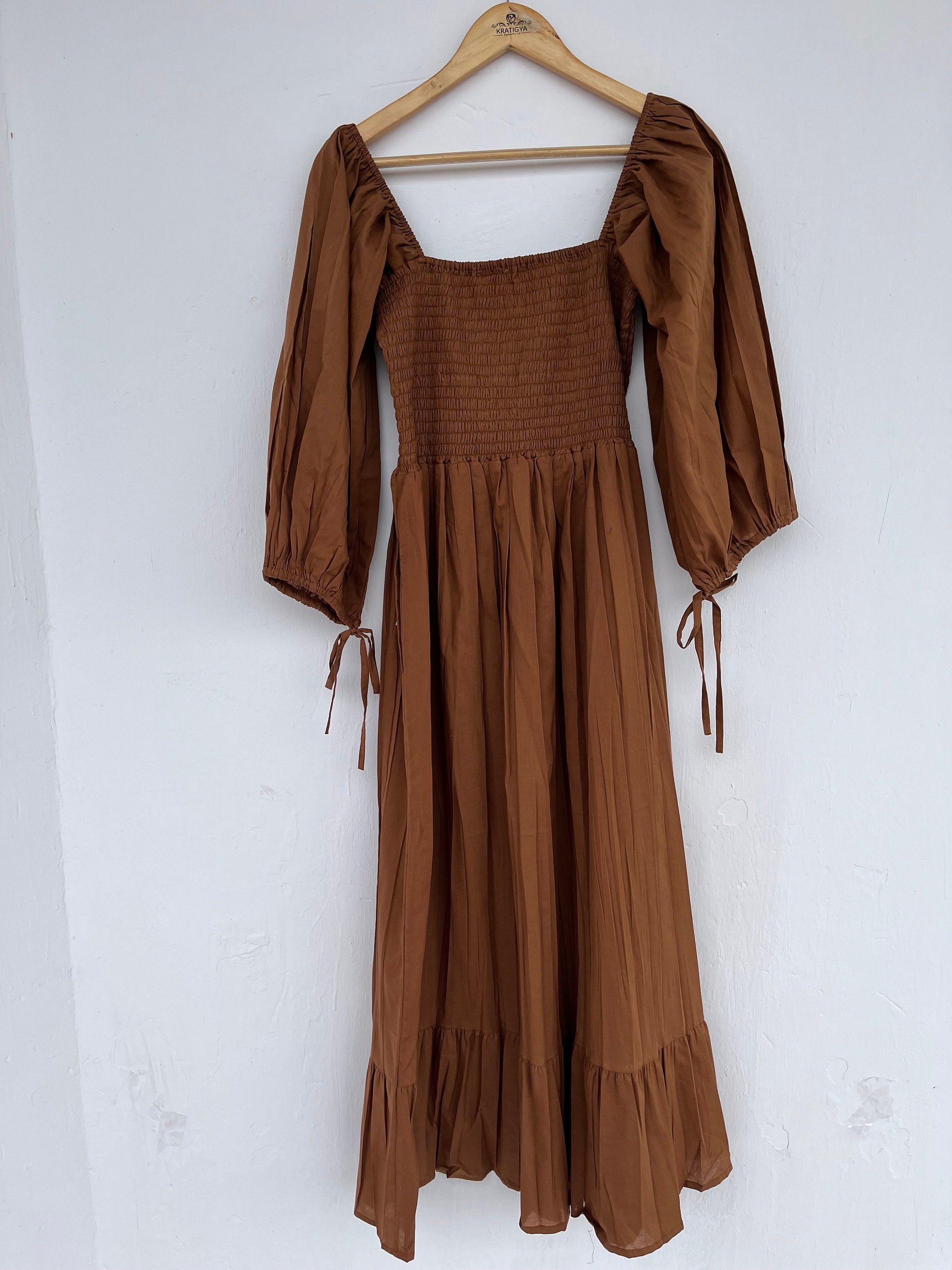 womens brunch dresses Brown Cotton Solid A-Line Midi Dress  Indyvarna