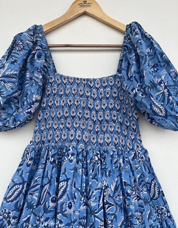 Blue floral printed maxi - puff sleeve shirred dress