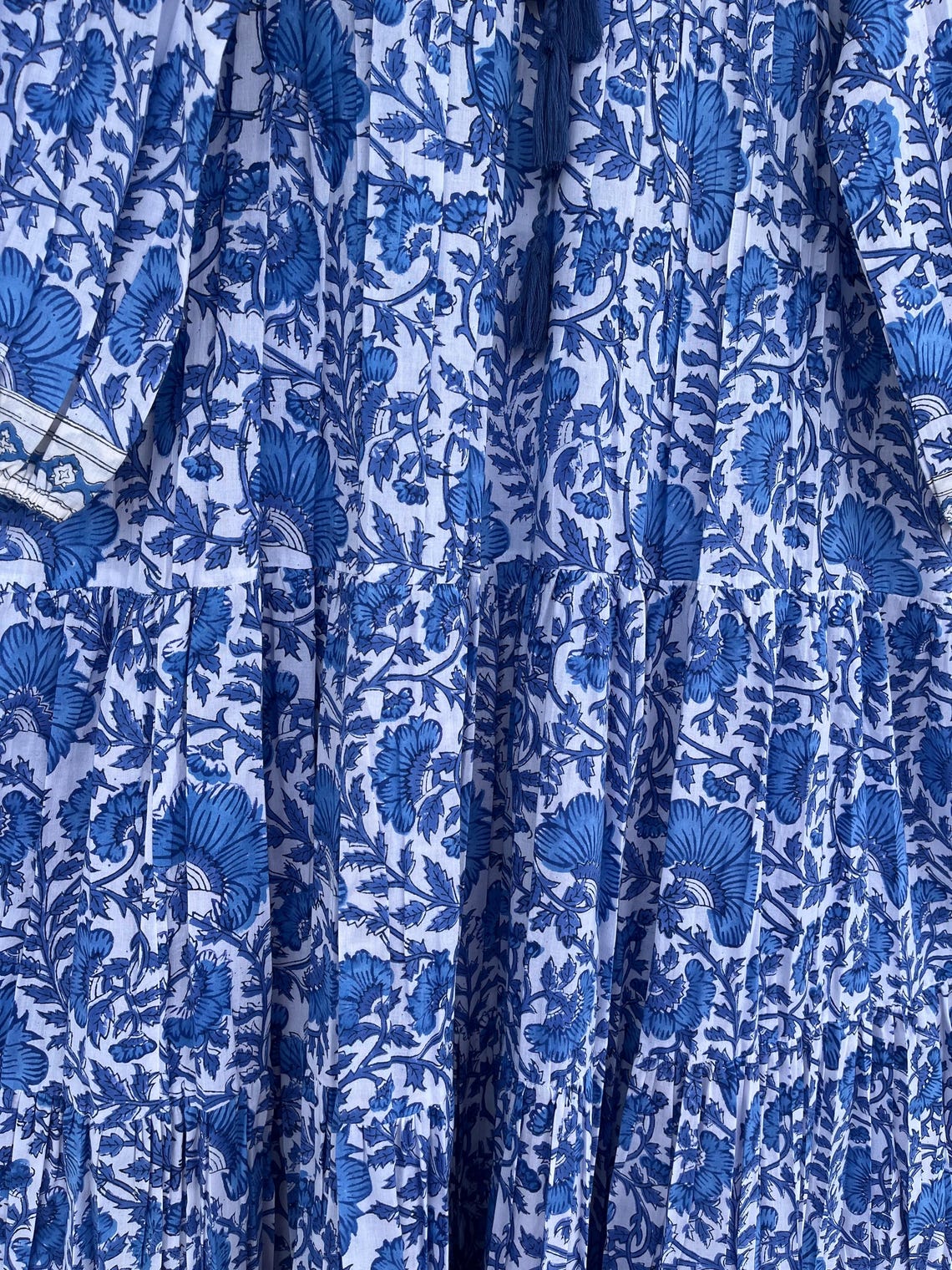 Sky Blue Botanical Hand Block Print Cotton Maxi Dress – Boho Puff Sleeve Tiered Style