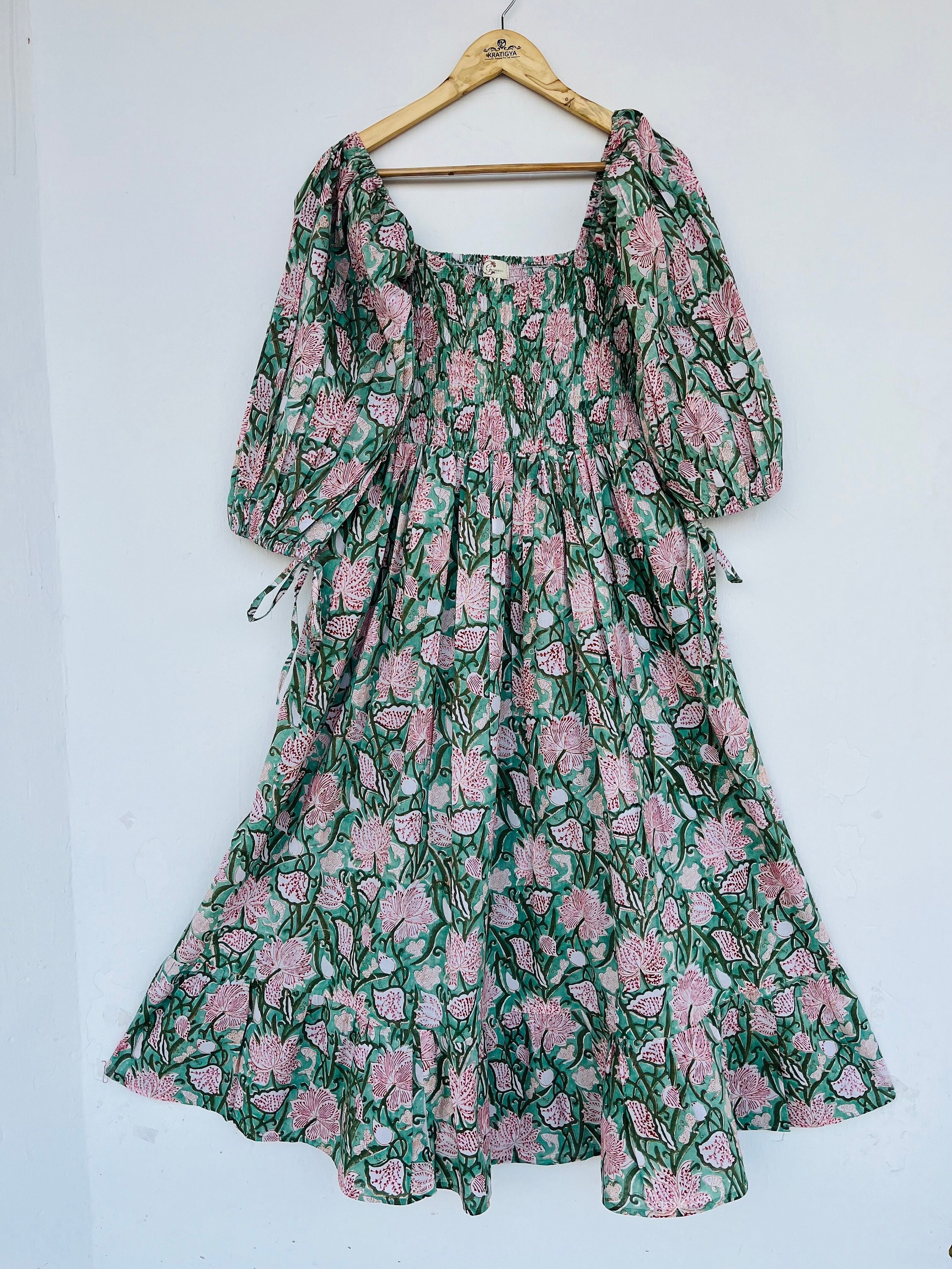 Green hand block printed long maxi - smocked maxi dress - cotton maxi - boho dress