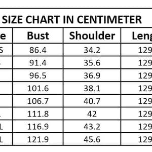 May include: Size chart in centimeters for clothing. The chart shows sizes from XXS to 3XL with corresponding bust, shoulder, and length measurements.
