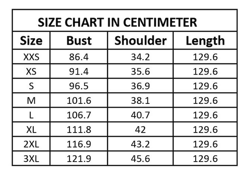 May include: Size chart in centimeters for clothing. The chart shows sizes from XXS to 3XL with corresponding bust, shoulder, and length measurements.