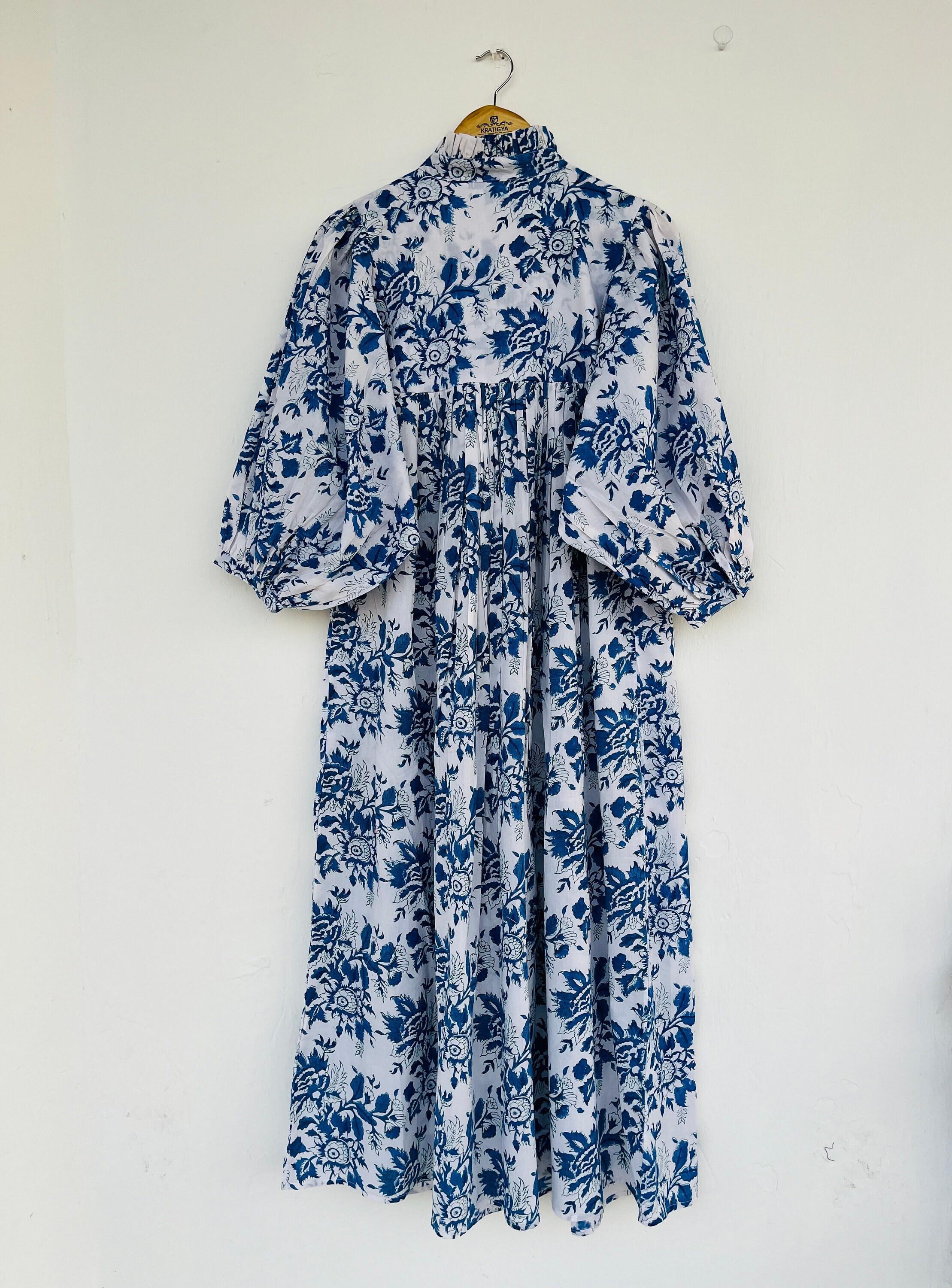Blue floral summer long maxi dress - v neckline maxi dress - 3/4th sleeve bohemian maxi dress