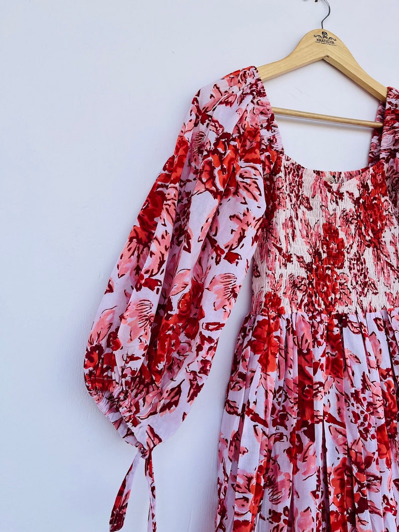 Blush Pink Beige Floral Hand Block Print Cotton Maxi Dress – Boho Tiered Summer Style