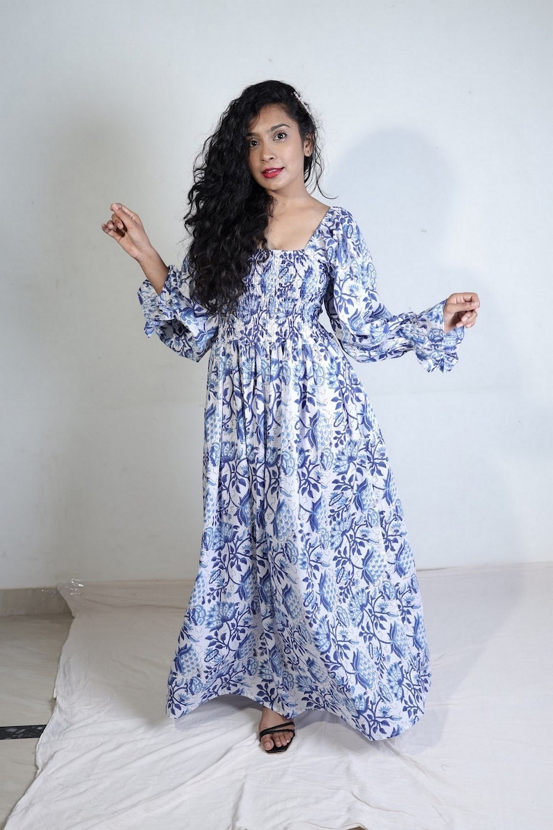 Hand block printed maxi blue dress cotton bohemian dress bobbin dresses image 3