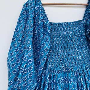 Blue Geometric Hand Block Print Maxi Dress – Smocked Bodice Boho Cotton Dress with Puff Sleeves