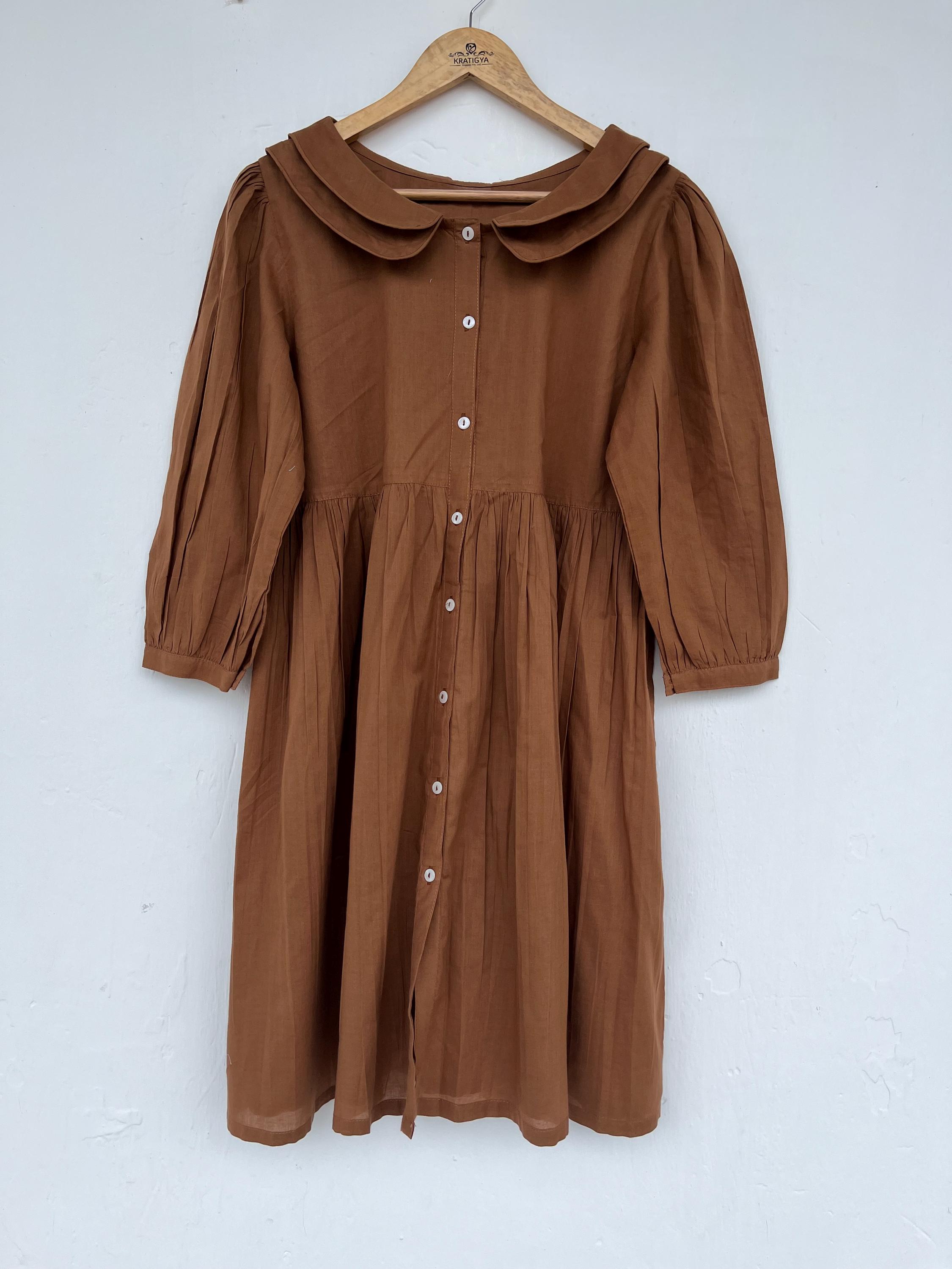 brown cotton dress Cotton Brown Midi Dress, Women's Cute Dress, Plain Brown Dress
