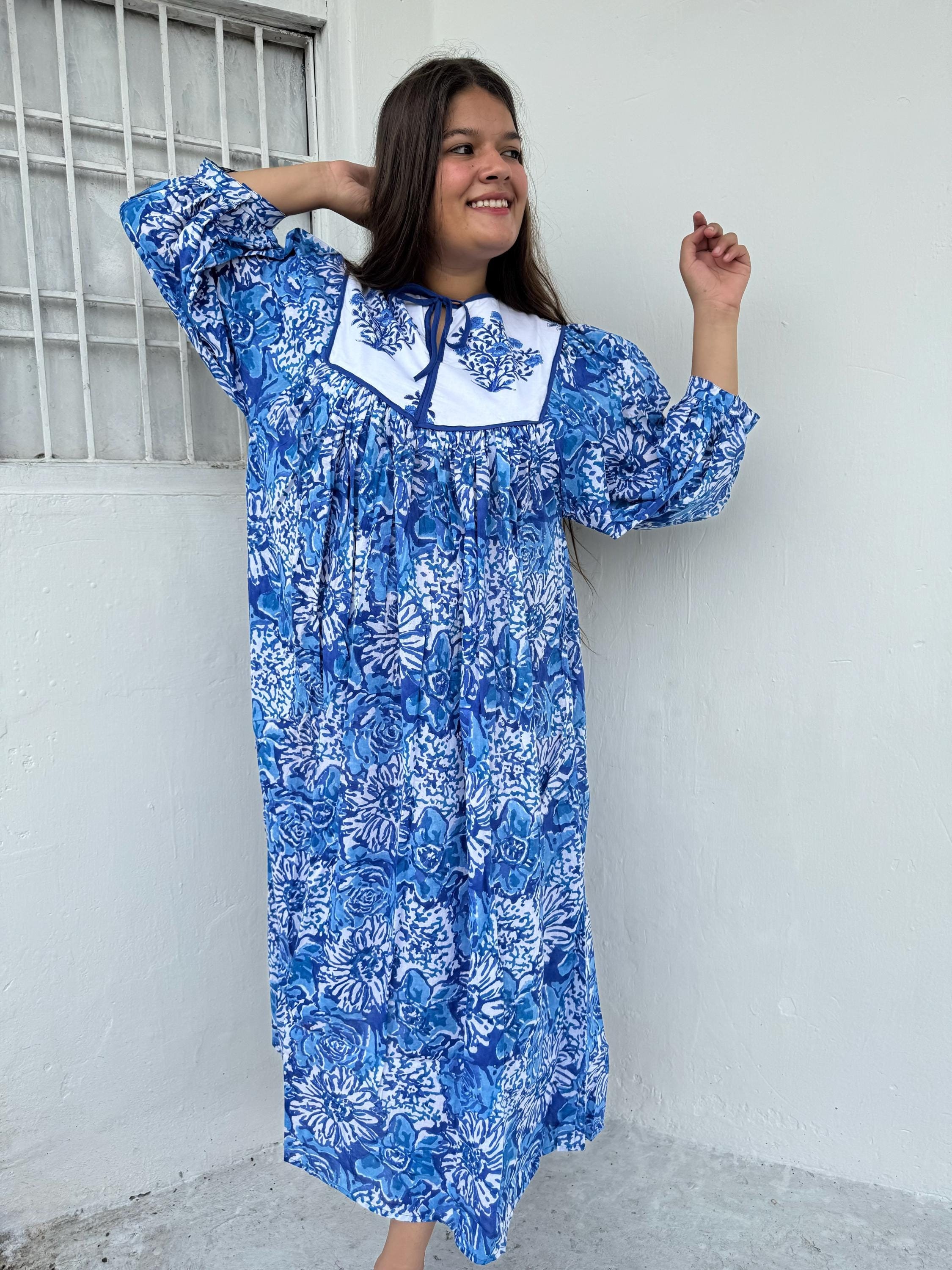 Blue Floral Printed Maxi, Summer Cotton Dress, Block Print Dress
