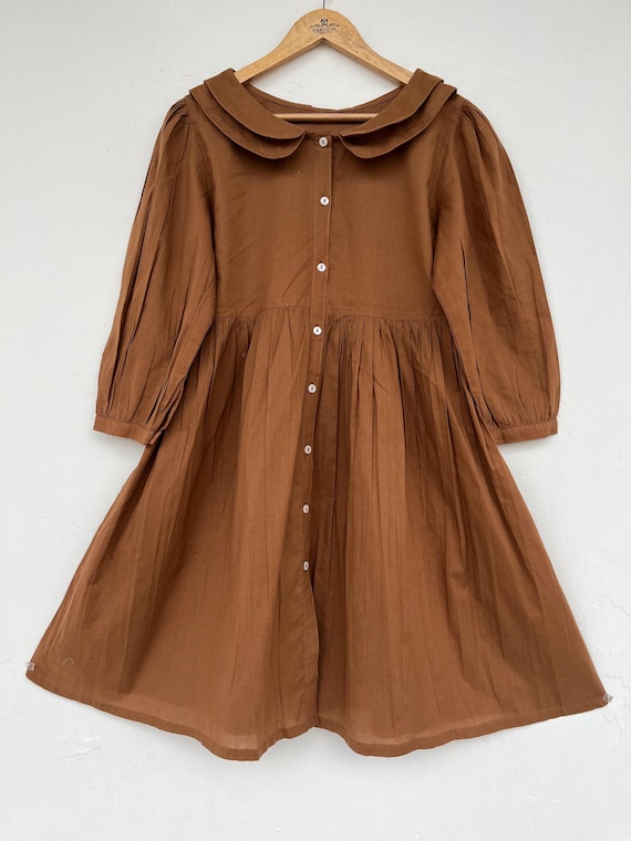 Cotton brown midi dress, women's cute dress, plain brown dress