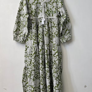 Cotton Maxi | Green Floral Printed Long Dress | Vintage Dress | Block Print Dress