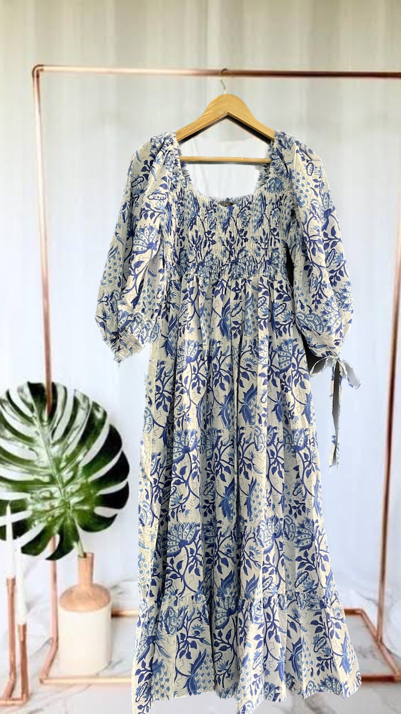 Blue Floral Hand Block Print Cotton Maxi Dress – Handmade Boho Dress