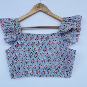 women&#39;s cotton blouses | cotton hand block printed floral short blouse | frill sleeves blouse