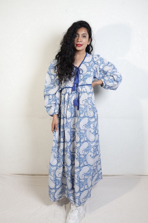 royal blue bridesmaid dresses Blue Paisley Print Smocked Tiered Maxi Dress Medium