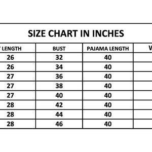 May include: Size chart in inches for clothing, showing measurements for shirt length, bust, pajama length, waist, and hip in sizes XXS to 3XL.