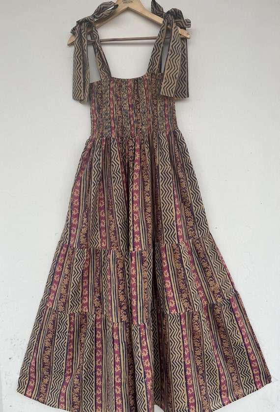 Stripe Block printed maxi - adjustable ties strap dress - summer sleeveless square neck dress
