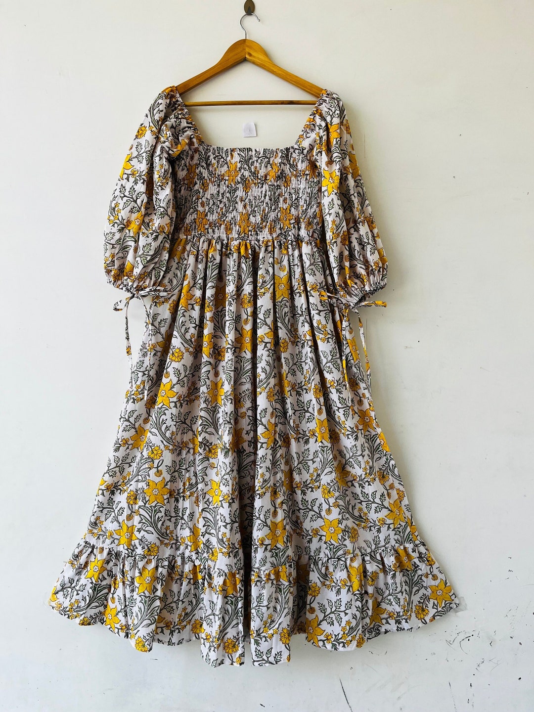 Black Floral Block Print Cotton Yoke Maxi Dress