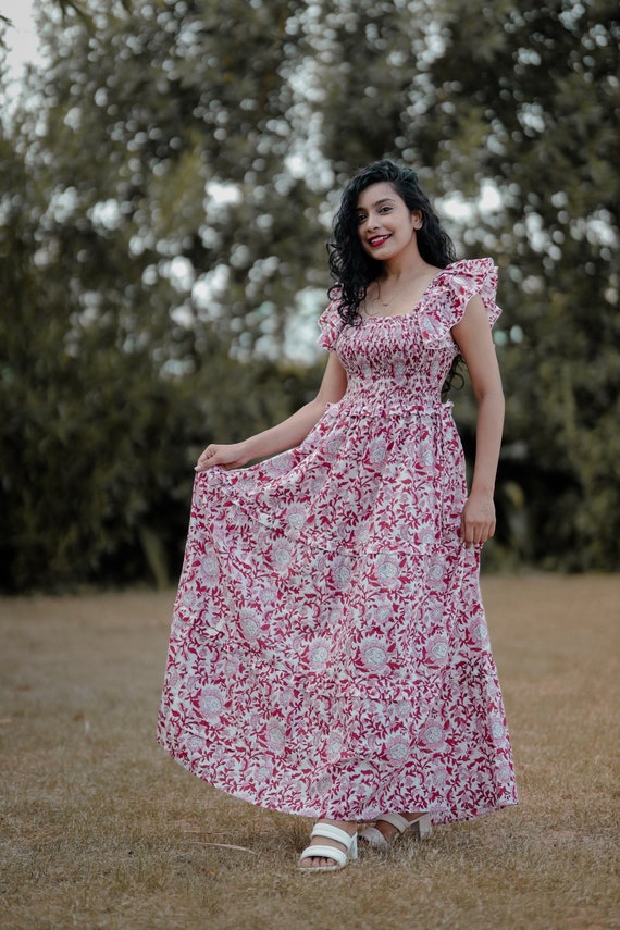 Buy Hand Block Printed Cotton Maxi Dress: Smocked Boho Gown Online in India  - Etsy