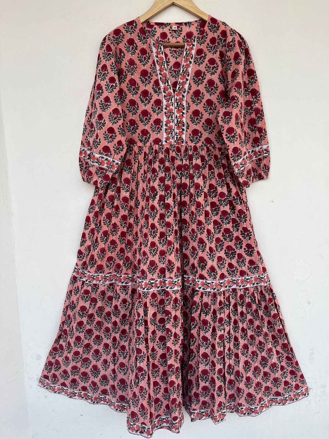 White Pink Floral Block Print Cotton Dress – Handcrafted Boho Maxi Dress by the Yard