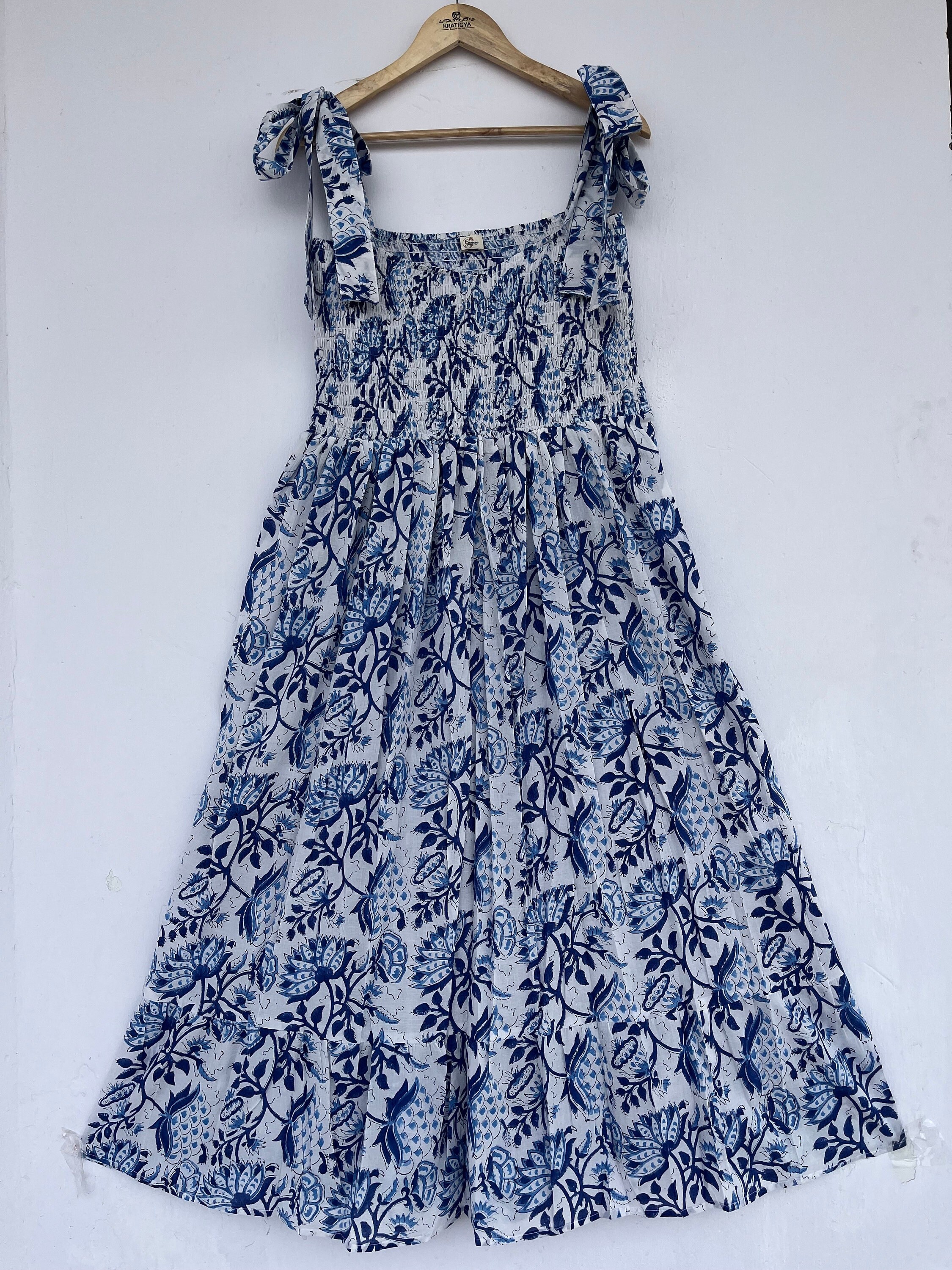 Hand Block Printed Cotton Long Maxi - Summer Strap Dress - Floral Blue Printed Maxi - Boho Dresses