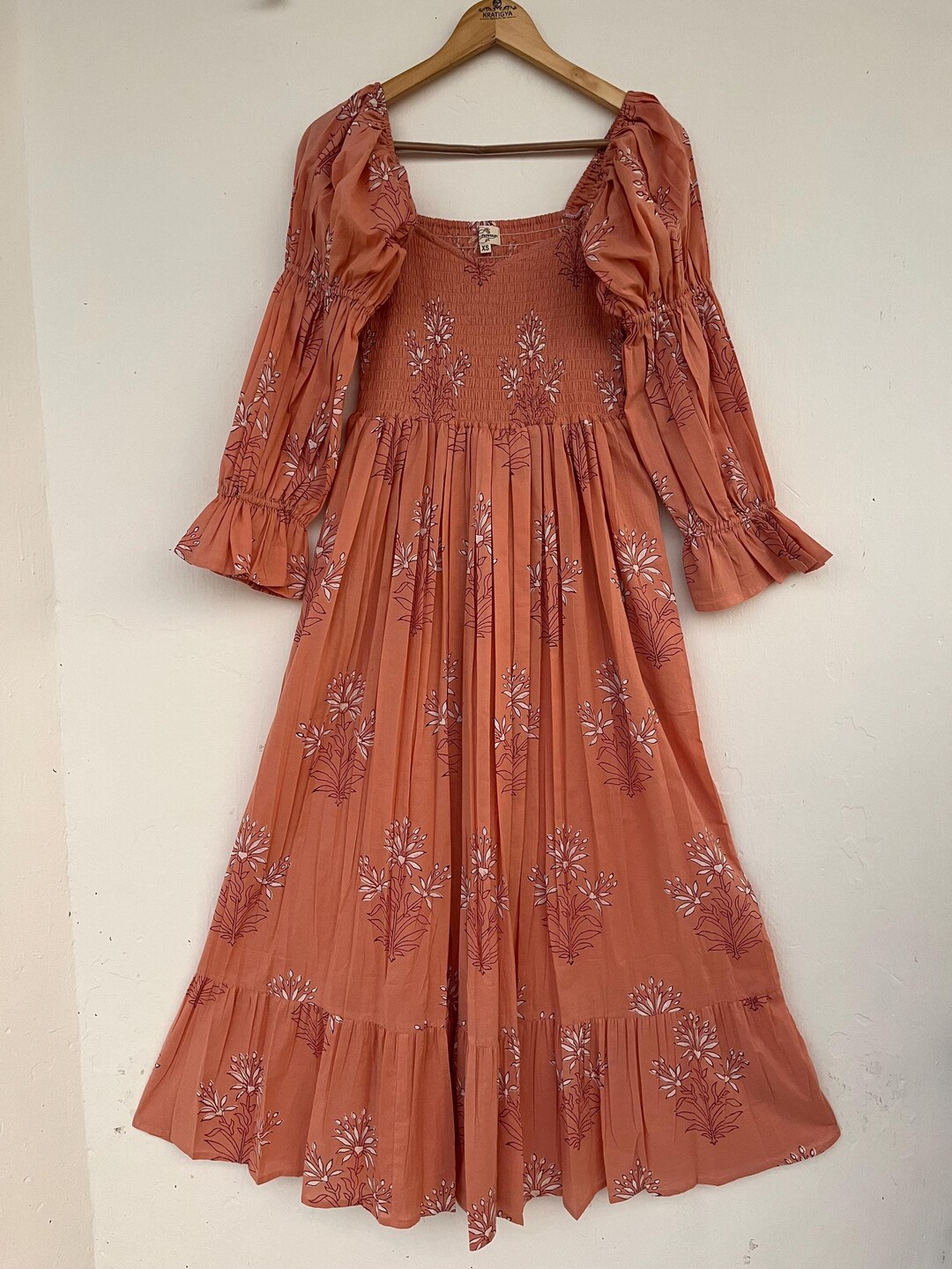 Black Gold Floral Block Print Cotton Smocked Dress – Handcrafted Boho Midi Sundress – Free Shipping