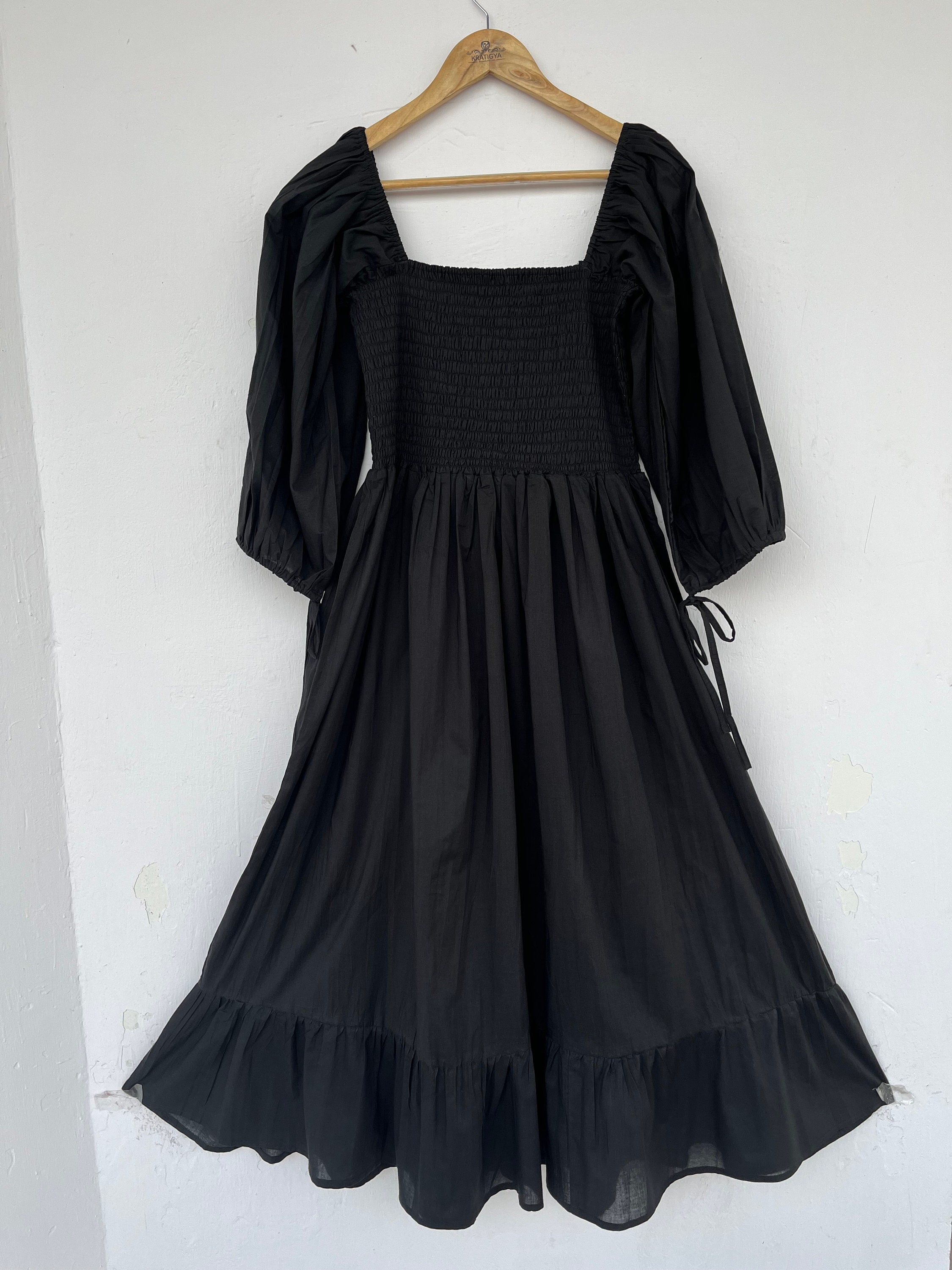 Black solid shirred dress | 100% cotton Indian maxi | long cotton dress