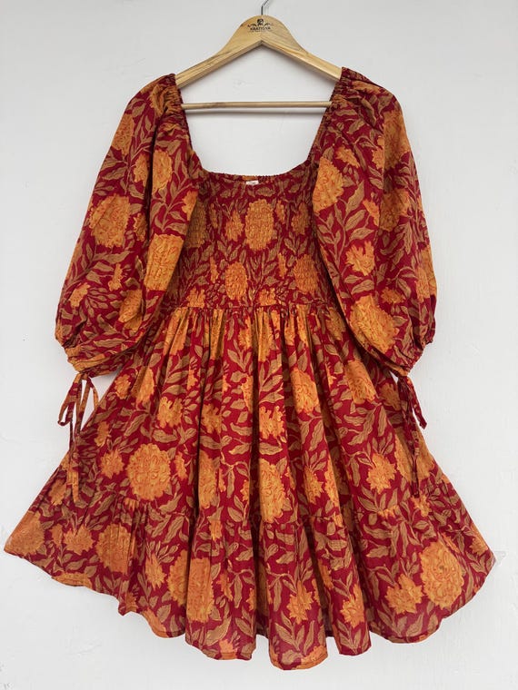 Hand block printed mini, natural fiber cotton dress, smocked dress