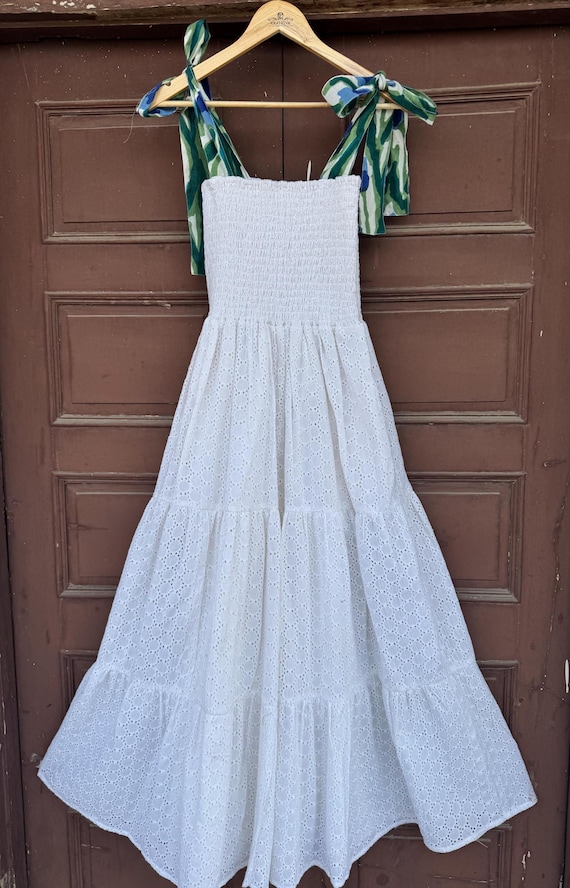 tie strap cotton dress Adjustable tie Strap summer maxi - Eyelet cotton dress