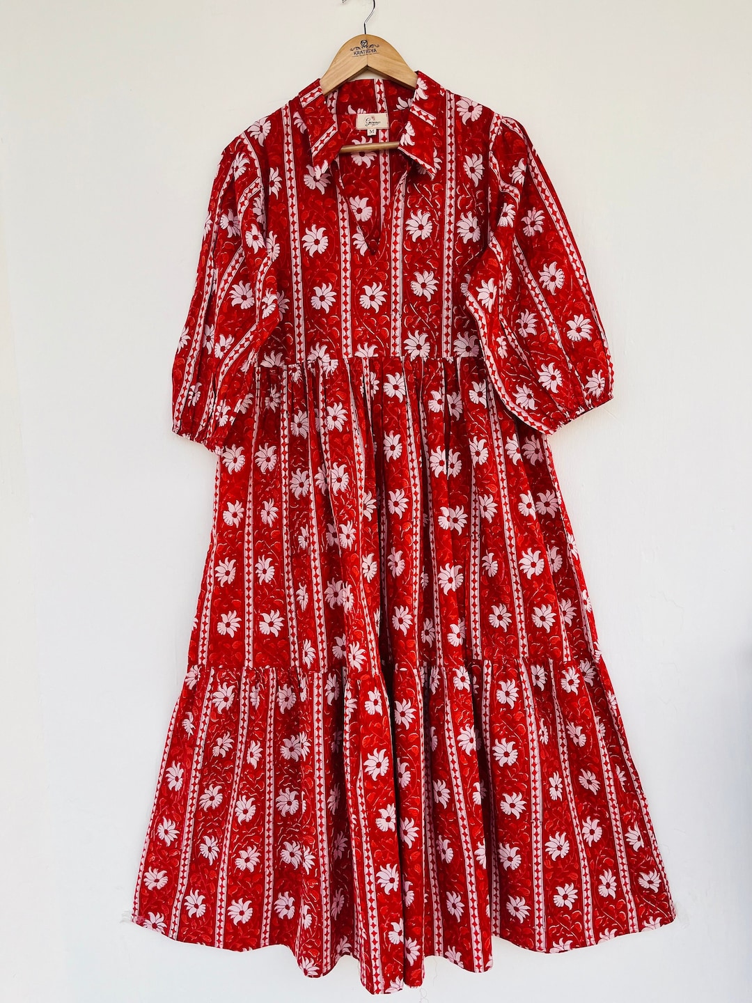 Grey blue Floral Hand Block Printed Cotton Maxi Dress – Indian Boho Tiered Long Dress