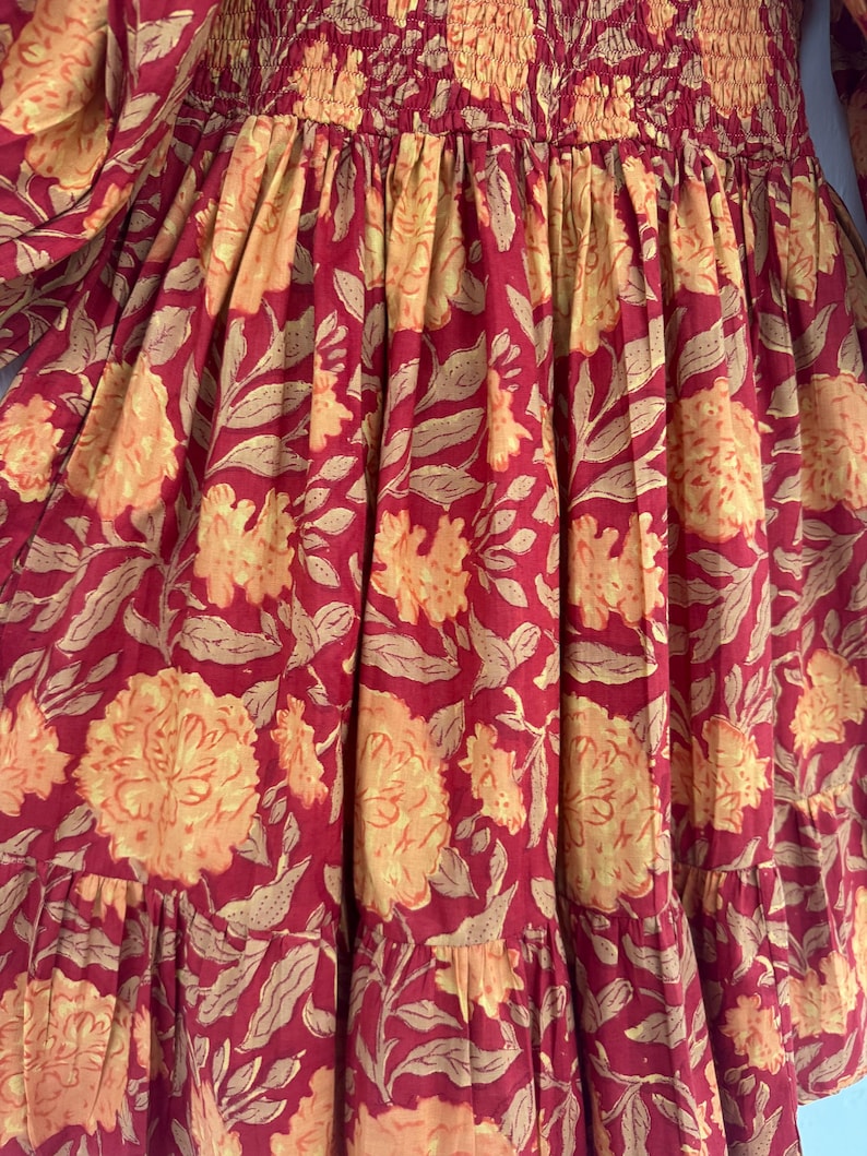 Hand block printed mini, natural fiber cotton dress, smocked dress image 4