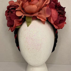 Frida Khalo inspired Burnt red  and pink with black hair braid headband.