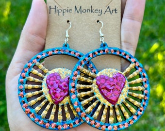 I wear my heart on my sleeve  | hand painted | earrings | one of a kind |lightweight | wood earrings | wearable art | boho |