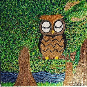 Portrait of an Owl | 20 by 20 | acrylic on canvas | sealed with resin | pointillism | room decor | office decor |