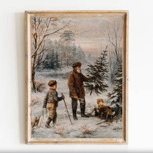 Árbol de Navidad cortando invierno nieve flocado bosque paisaje vintage arte imprimible pintura digital descargar neutral blanco decoración del hogar