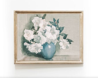 Antique Floral Art Vintage White Bouquet Flowers Vintage Home Decor Cottage Wall Still Life Country Kitchen Romantic Rhododendron regency