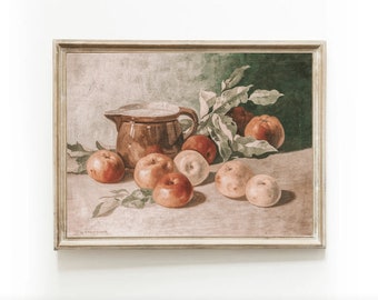 May include: A framed painting of a still life with a brown ceramic pitcher and red apples on a table. The painting is signed "W. Stroetzer" in the bottom left corner.