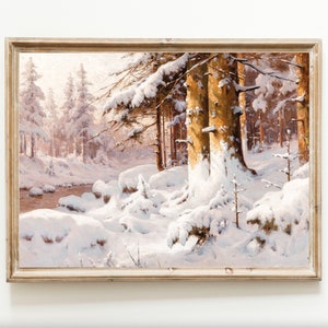 Invierno nieve flocado paisaje pueblo Navidad Vintage arte imprimible pintura digital descargar neutral blanco decoración del hogar silenciado minimalista